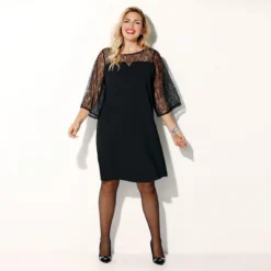 Robe Col Bateau Avec Dentelle Devant Et Dos Manches 3/4 évasées Grandes Tailles Femme - Noir | 3 SUISSES