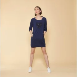 Robe Courte Cintrée Manches 3/4 Bas Côtelé Et Poches Femme - Bleu Indigo | 3 SUISSES