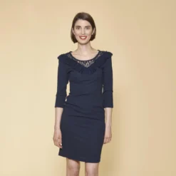 Robe Courte Empiècement Dentelle Et Volants Manches 3/4 Femme - Bleu Marine | 3 SUISSES