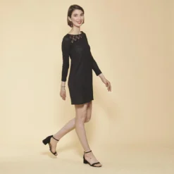 Robe Courte évasée Manches Longues Guipure Et Ouverture Dos Femme - Noir | 3 SUISSES