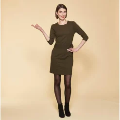 Robe Courte Manches 3/4 Taille Pièce Ondulée Femme - Kaki | 3 SUISSES