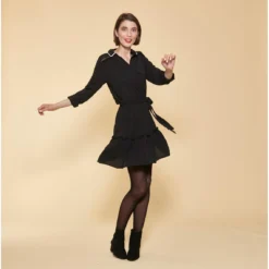 Robe Courte Manches Longues Taille élastique Et Ceinture Contrastée Femme - Noir | 3 SUISSES