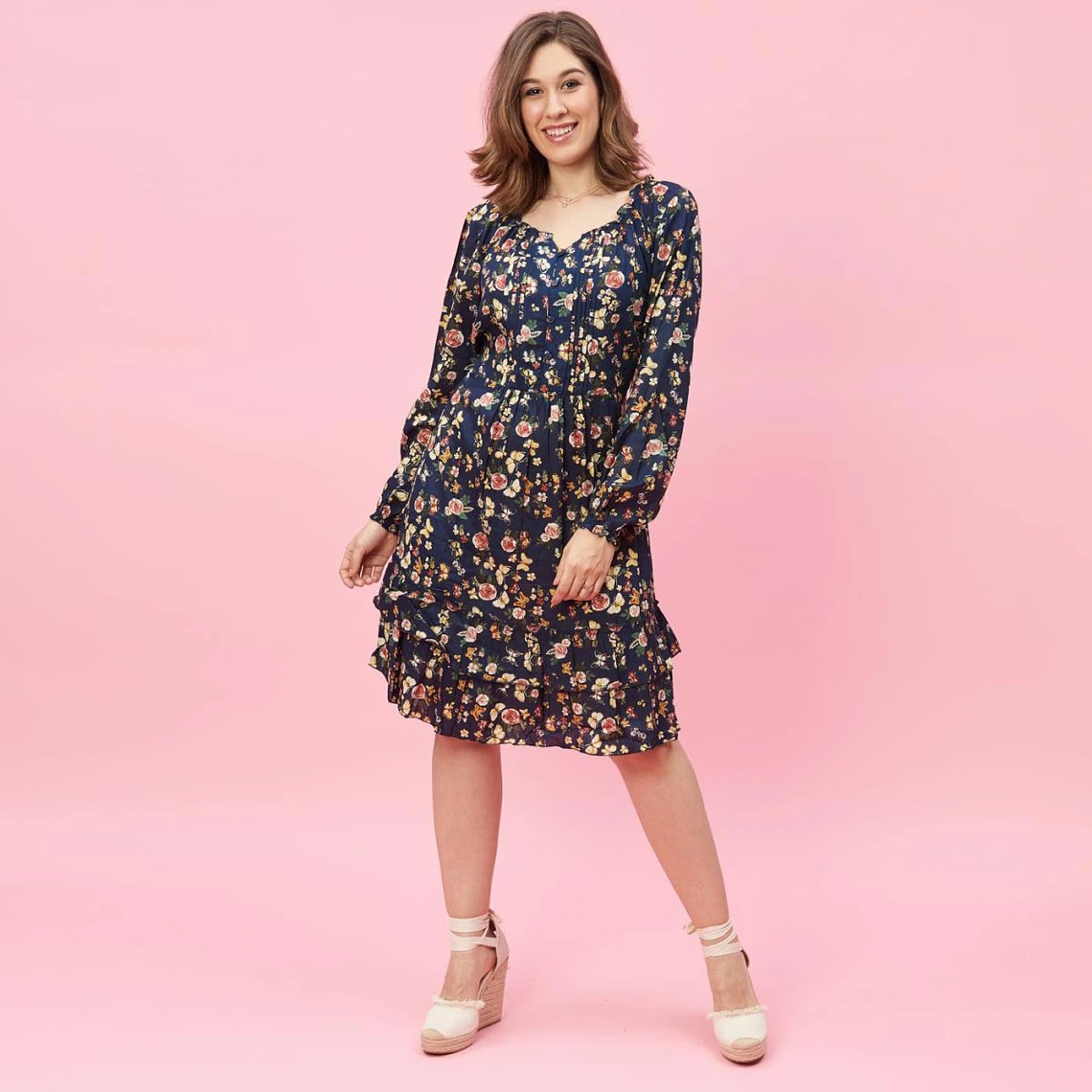 Robe Imprimée Plis Manches Longues Volants Femme - Bleu | 3 SUISSES 4 Robe Imprimée Plis Manches Longues Volants Femme - Bleu | 3 SUISSES – Image 2