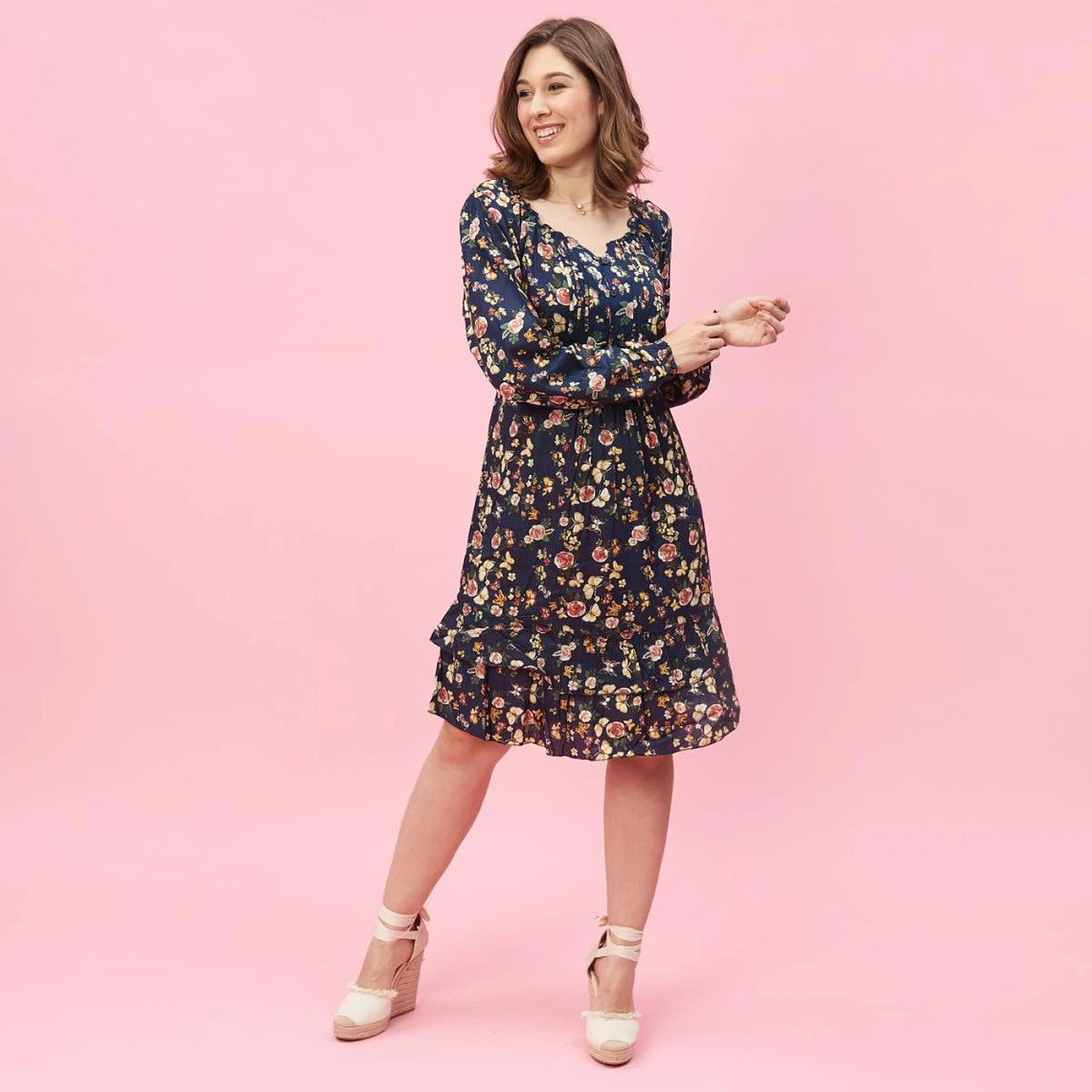 Robe Imprimée Plis Manches Longues Volants Femme - Bleu | 3 SUISSES 3 Robe Imprimée Plis Manches Longues Volants Femme - Bleu | 3 SUISSES