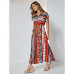 Robe Longue à Manches Courtes Avec Bordures Imprimées | 3 SUISSES -Promos Robe Mirage Magasin robe longue a manches courtes avec bordures imprimees 3515098 7008374 74 1140x1140