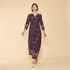 Robe Longue Imprimée Col Caftan Manches 3/4 Femme - Imprimé Bleu | 3 SUISSES