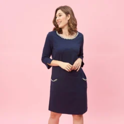 Robe Manches 3/4 Col Rond Et Poches Avec Perles Fantaisie Grandes Tailles Femme - Bleu Marine | 3 SUISSES